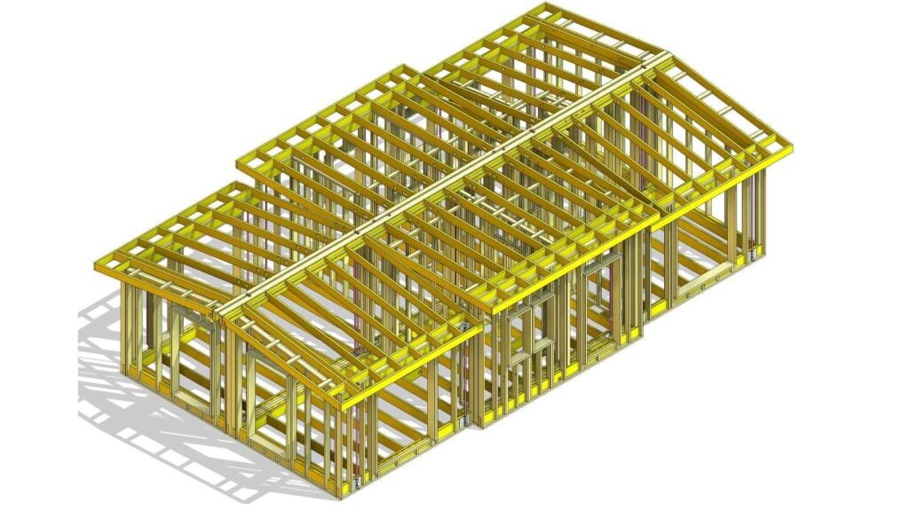 Timber frame BIM project by Pro Building Designer
showing LOD 400 structural modeling for modular construction