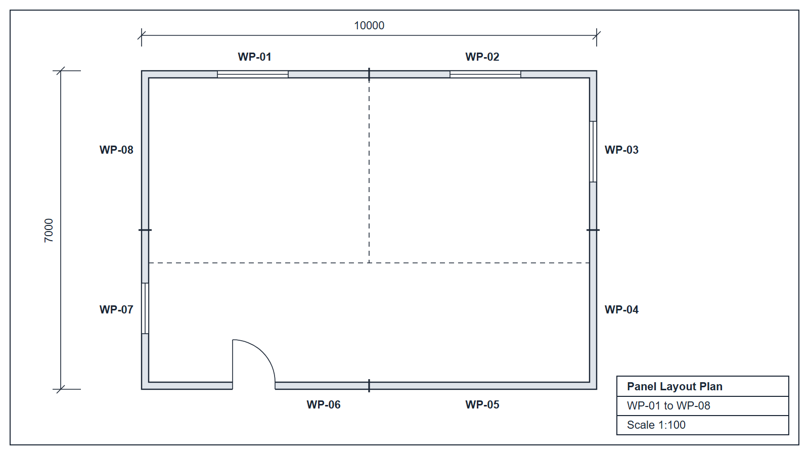 Panel layout plan of a rectangular house with wall panels WP-01 to WP-08