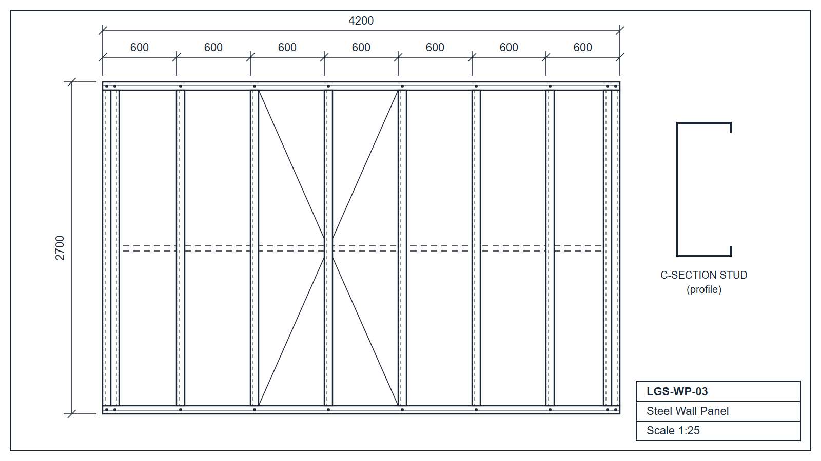 Light gauge steel wall panel elevation LGS-WP-03 with C-section studs and track