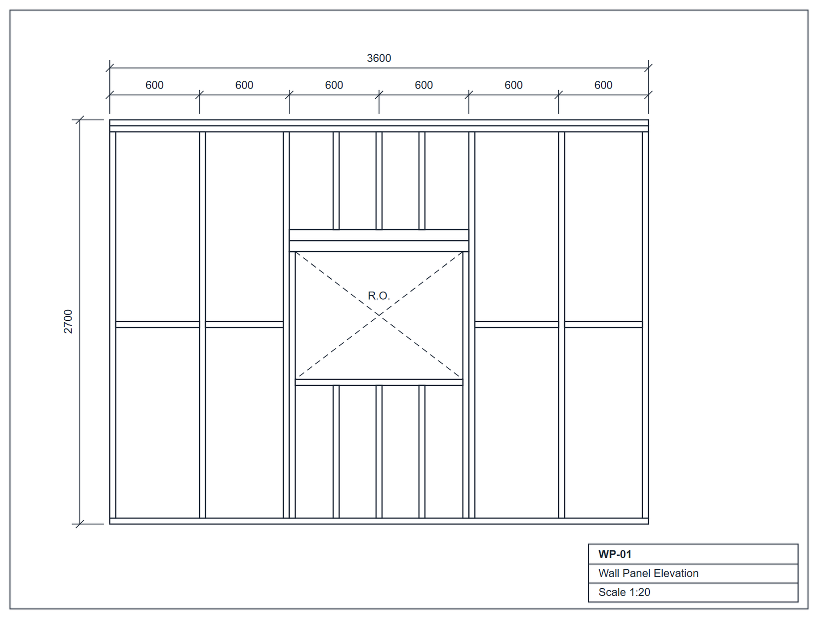 Timber frame wall panel framing elevation WP-01 with studs, plates and window opening