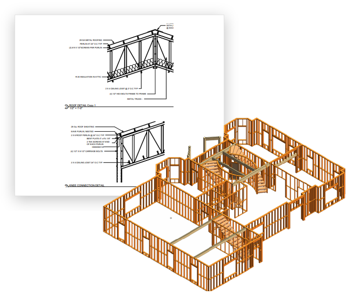 Steel truss detail drawing behind a timber wall panel framing model