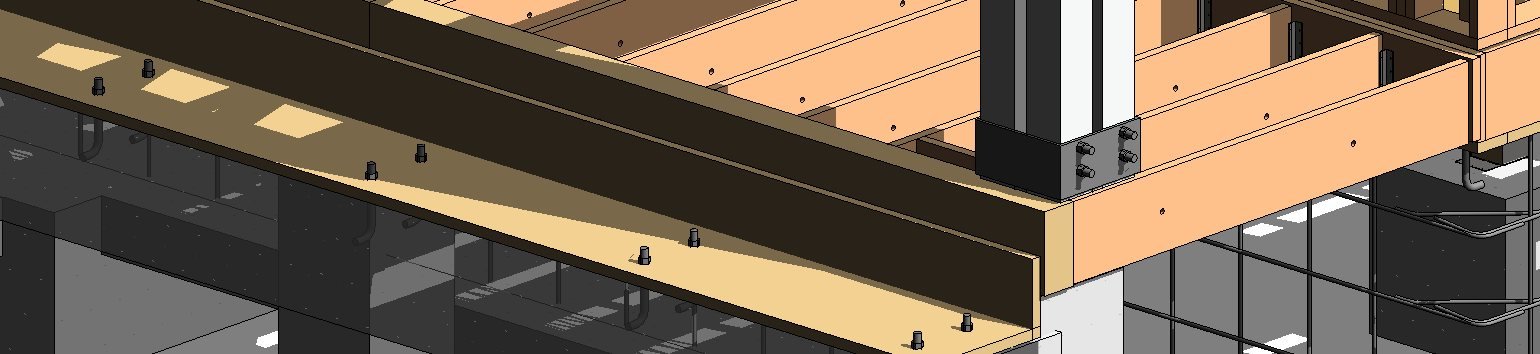 Close-up of floor joists, beam and post connections in the model
