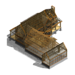 Timber framing model of a house with roof trusses