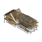 Timber roof framing with trusses, rafters and sheathing