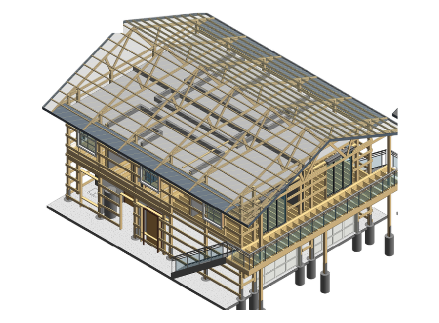 Timber framing model of a two-story house with roof and deck framing