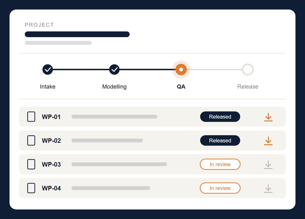 Illustration of a project dashboard showing a four-stage progress bar and drawing release statuses